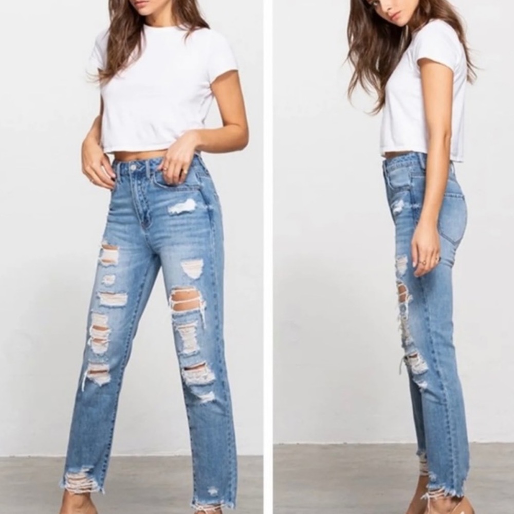 Insane Gene Women Sz‎ 9/28 Destroyed Straight High Rise Zip Fly Blue Denim Jeans